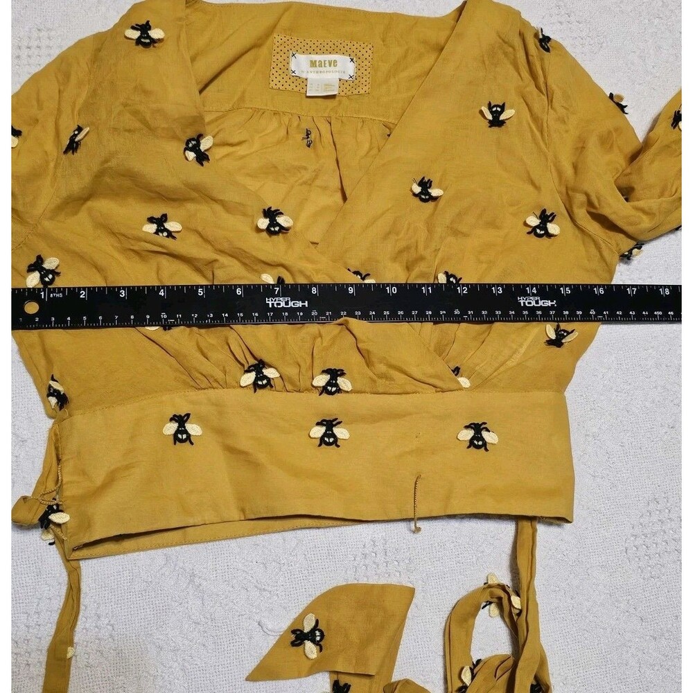 Maeve Anthropologie Bee Embroidered Long Sleeve Wrap Crop Top Yellow Sz 0 Flaw - Picture 7 of 13